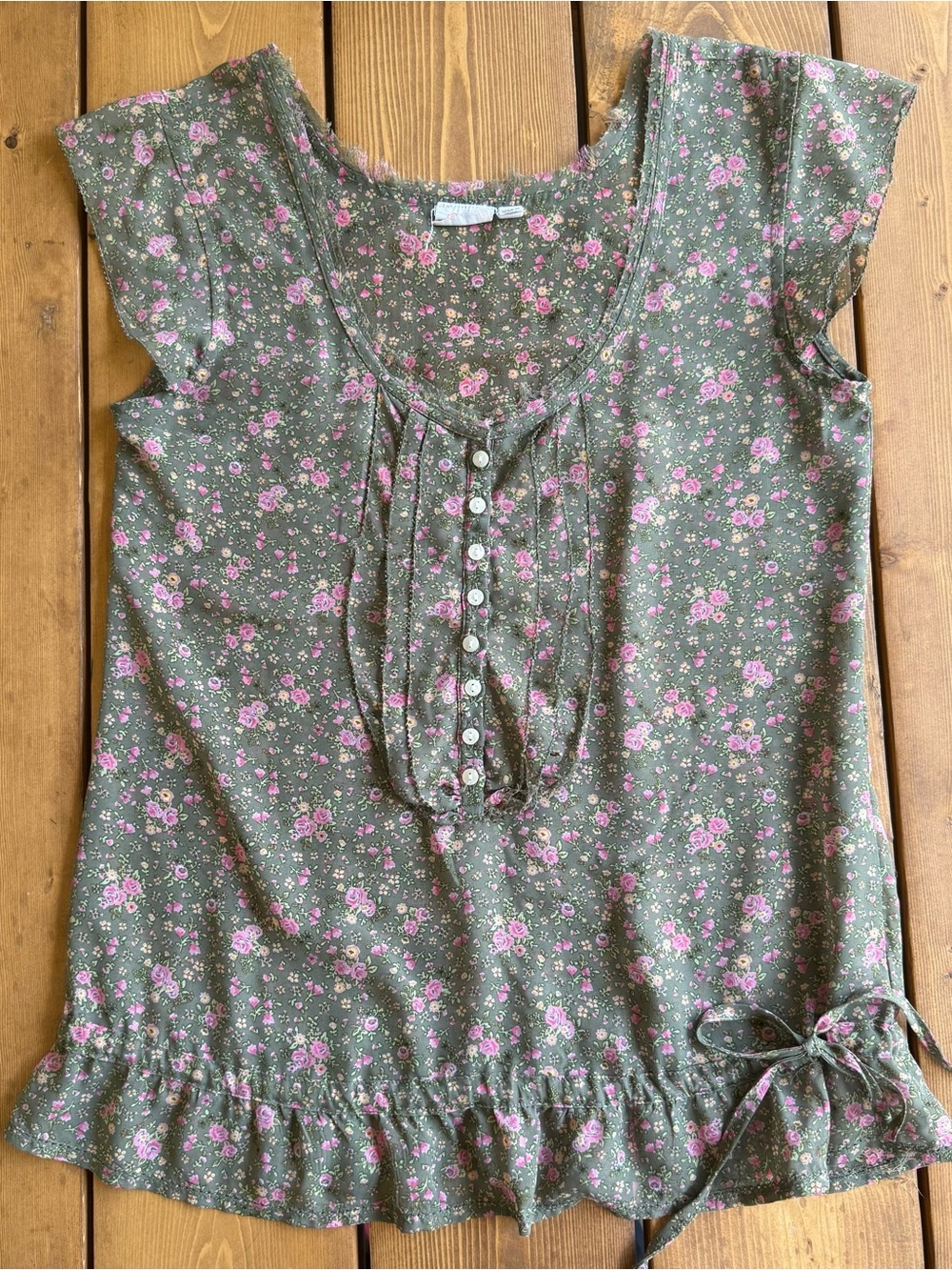 Mudd Floral Boho Peplum Top Medium Green Pink Cottagecore Y2K Fairy Grunge